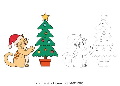 Cat wearing santa hat and decorating christmas tree coloring pages for kids. Trace and color cute cat Christmas character. Holiday seasons worksheet printable for kids. Christmas worksheet.