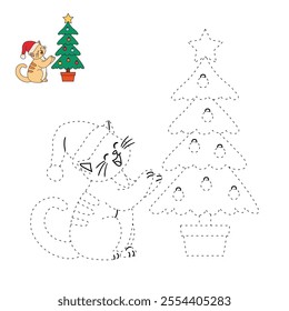 Cat wearing santa hat and decorating christmas tree coloring pages for kids. Trace and color cute cat Christmas character. Holiday seasons worksheet printable for kids. Christmas worksheet.