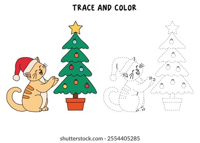 Cat wearing santa hat and decorating christmas tree coloring pages for kids. Trace and color cute cat Christmas character. Holiday seasons worksheet printable for kids. Christmas worksheet.