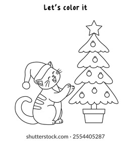 Cat wearing santa hat and decorating christmas tree coloring pages for kids. Trace and color cute cat Christmas character. Holiday seasons worksheet printable for kids. Christmas worksheet.