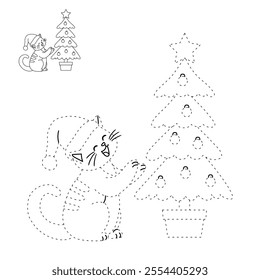 Cat wearing santa hat and decorating christmas tree coloring pages for kids. Trace and color cute cat Christmas character. Holiday seasons worksheet printable for kids. Christmas worksheet.