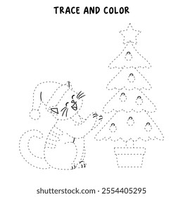 Cat wearing santa hat and decorating christmas tree coloring pages for kids. Trace and color cute cat Christmas character. Holiday seasons worksheet printable for kids. Christmas worksheet.