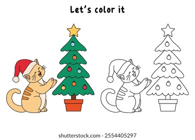 Cat wearing santa hat and decorating christmas tree coloring pages for kids. Trace and color cute cat Christmas character. Holiday seasons worksheet printable for kids. Christmas worksheet.