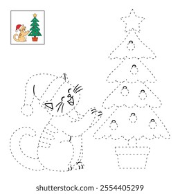 Cat wearing santa hat and decorating christmas tree coloring pages for kids. Trace and color cute cat Christmas character. Holiday seasons worksheet printable for kids. Christmas worksheet.