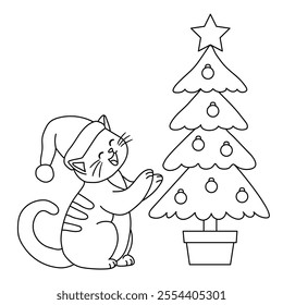 Cat wearing santa hat and decorating christmas tree coloring pages for kids. Trace and color cute cat Christmas character. Holiday seasons worksheet printable for kids. Christmas worksheet.