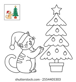 Cat wearing santa hat and decorating christmas tree coloring pages for kids. Trace and color cute cat Christmas character. Holiday seasons worksheet printable for kids. Christmas worksheet.