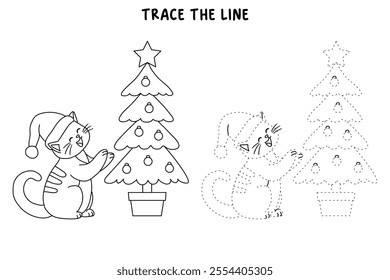 Cat wearing santa hat and decorating christmas tree coloring pages for kids. Trace and color cute cat Christmas character. Holiday seasons worksheet printable for kids. Christmas worksheet.