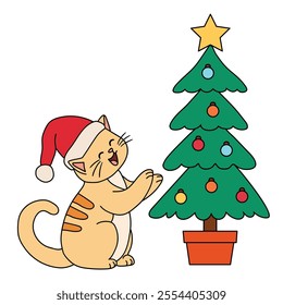 Cat wearing santa hat and decorating christmas tree coloring pages for kids. Trace and color cute cat Christmas character. Holiday seasons worksheet printable for kids. Christmas worksheet.