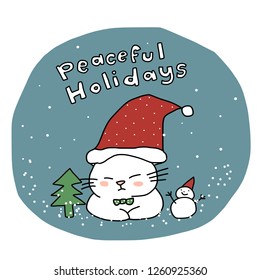 Cat wearing Santa hat sleeping peacefully besides snowman and Christmas tree while snow is falling. Sleeping kitten wearing Christmas hat. Greeting card for cat lover. Santa cat sleeping near snowman.