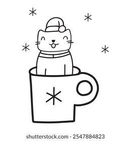 Cat wearing Santa's hat and sitting in a coffee cup. Graphic design. Outline isolated icon. Hand drawn illustration.