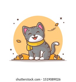 Cat Wearing Scarf In Autumn Season Vector Icon Illustration. Cat And Scarf, Autumn Icon Concept White Isolated. Flat Cartoon Style Suitable for Web Landing Page, Banner, Sticker, Background