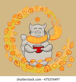 Cat wearing a scarf with a cup of tea, or coffee or hot drink. Autumn leaves. Fall.