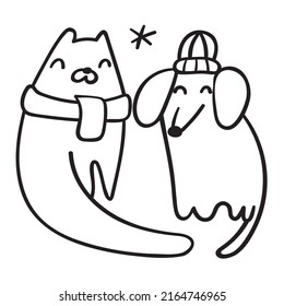 Cat wearing scarf and dog wearing hat. Friends. Outline vector illustration.