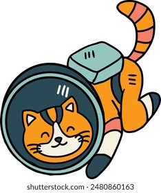 A cat is wearing a space suit and is floating in space. The cat is smiling and he is enjoying its space adventure