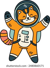 A cat is wearing a space suit and is floating in space. The cat is smiling and he is enjoying its space adventure