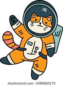 A cat is wearing a space suit and is floating in space. The cat is smiling and he is enjoying its space adventure