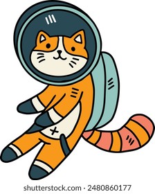 A cat is wearing a space suit and is floating in space. The cat is smiling and he is enjoying its space adventure