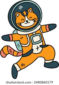 A cat is wearing a space suit and is floating in space. The cat is smiling and he is enjoying its space adventure