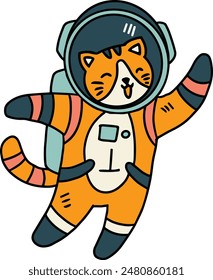 A cat is wearing a space suit and is floating in space. The cat is smiling and he is enjoying its space adventure