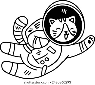 A cat is wearing a space suit and is floating in space. The cat is smiling and he is enjoying its space adventure