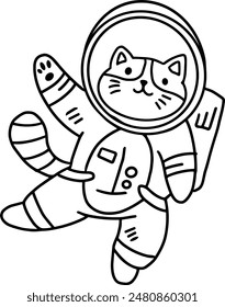 A cat is wearing a space suit and is floating in space. The cat is smiling and he is enjoying its space adventure
