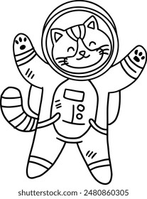 A cat is wearing a space suit and is floating in space. The cat is smiling and he is enjoying its space adventure
