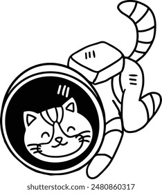 A cat is wearing a space suit and is in the process of jumping out of a spaceship. The image is black and white and has a playful and whimsical mood