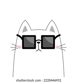 Katze mit quadratischer Sonnenbrille Brille. Umriss der schwarzen Kontur. Cute Cartoon kawaii lustigen Charakter. Kätzchen in Brillen. Weißer Hintergrund. Flaches Design. Vektorgrafik