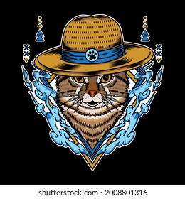 Cat wearing straw hat and have water element vector illustration isolated on black background