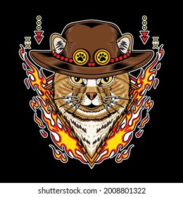 Cat wearing straw hat and have fire element vector illustration isolated on black background