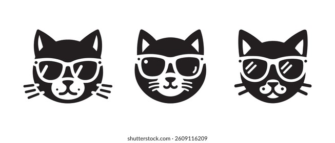 Cat wearing sunglass vector black silhouette lineart logo icon, cute kitten animal isolated on white background