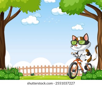 A cat wearing sunglasses rides a bicycle outdoors