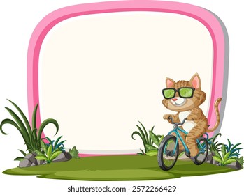 A cat wearing sunglasses rides a bicycle outdoors