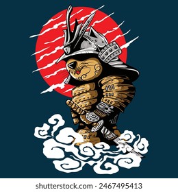  The cat is wearing traditional samurai armor, complete with a helmet and holding a katana sword. The background features a large red sun with white streaks, reminiscent of the Japanese flag.