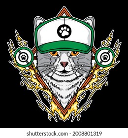 Cat wearing trucker hat and have lightning element vector illustration isolated on black background