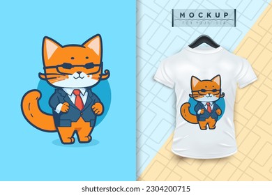 A cat wearing a uniform like an office worker and a businessman in flat cartoon character design, vector mascot animal nature icon concept isolated premium illustration for logo, sticker, t-shirt.