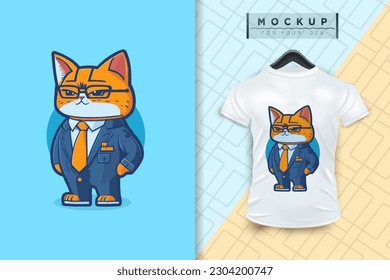 A cat wearing a uniform like an office worker and a businessman in flat cartoon character design, vector mascot animal nature icon concept isolated premium illustration for logo, sticker, t-shirt.