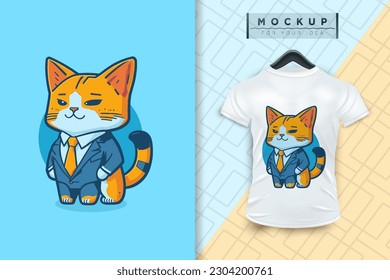 A cat wearing a uniform like an office worker and a businessman in flat cartoon character design, vector mascot animal nature icon concept isolated premium illustration for logo, sticker, t-shirt.