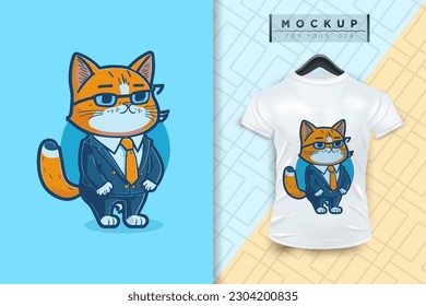 A cat wearing a uniform like an office worker and a businessman in flat cartoon character design, vector mascot animal nature icon concept isolated premium illustration for logo, sticker, t-shirt.