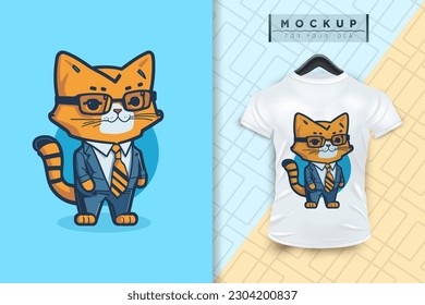 A cat wearing a uniform like an office worker and a businessman in flat cartoon character design, vector mascot animal nature icon concept isolated premium illustration for logo, sticker, t-shirt.