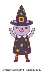 cat wearing witch costume with hat and dress