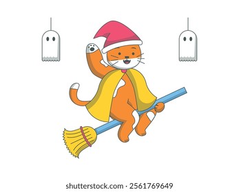 Cat wearing witch costume riding broomstick. Imagination while celebrating Halloween. Character design. Vector flat illustration