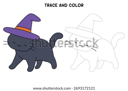 Cat wearing witch hat coloring pages for kids. Trace and color Black cat wearing witch hat. Fun halloween activity coloring page for kids printable. Cute cat wearing witch hat  clipart, icon vector.