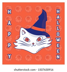 cat wearing witch hat and happy halloween letter. Holiday vector background.Digital paper for halloween party
