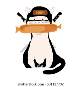 Cat wears a clothing of ninja. Cat holding a sausage in his mouth. Behind him are two swords. Picture stylized as watercolor.