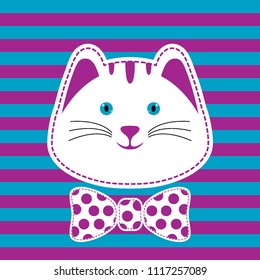 Cat white face and bow with polka dots on striped blue, violet background. Cute kitten. Cartoon flat vector illustration. Happy smiling cat with blue eyes. T-shirt animal prints for kids. Dash line 