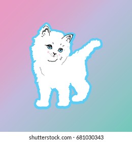 Cat white kitten cute sticker pin trendy label patch vector illustration decor decoration fashion black white