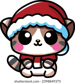 The cat, who is wearing a Christmas outfit and a Santa hat, is a smiley feline with gray and brown fur stripes.
