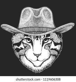 Cat. Wild west. Traditional american cowboy hat. Texas rodeo. Print for children, kids t-shirt. Image for emblem, badge, logo, patch.