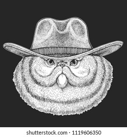 Cat. Wild west. Traditional american cowboy hat. Texas rodeo. Print for children, kids t-shirt. Image for emblem, badge, logo, patch.